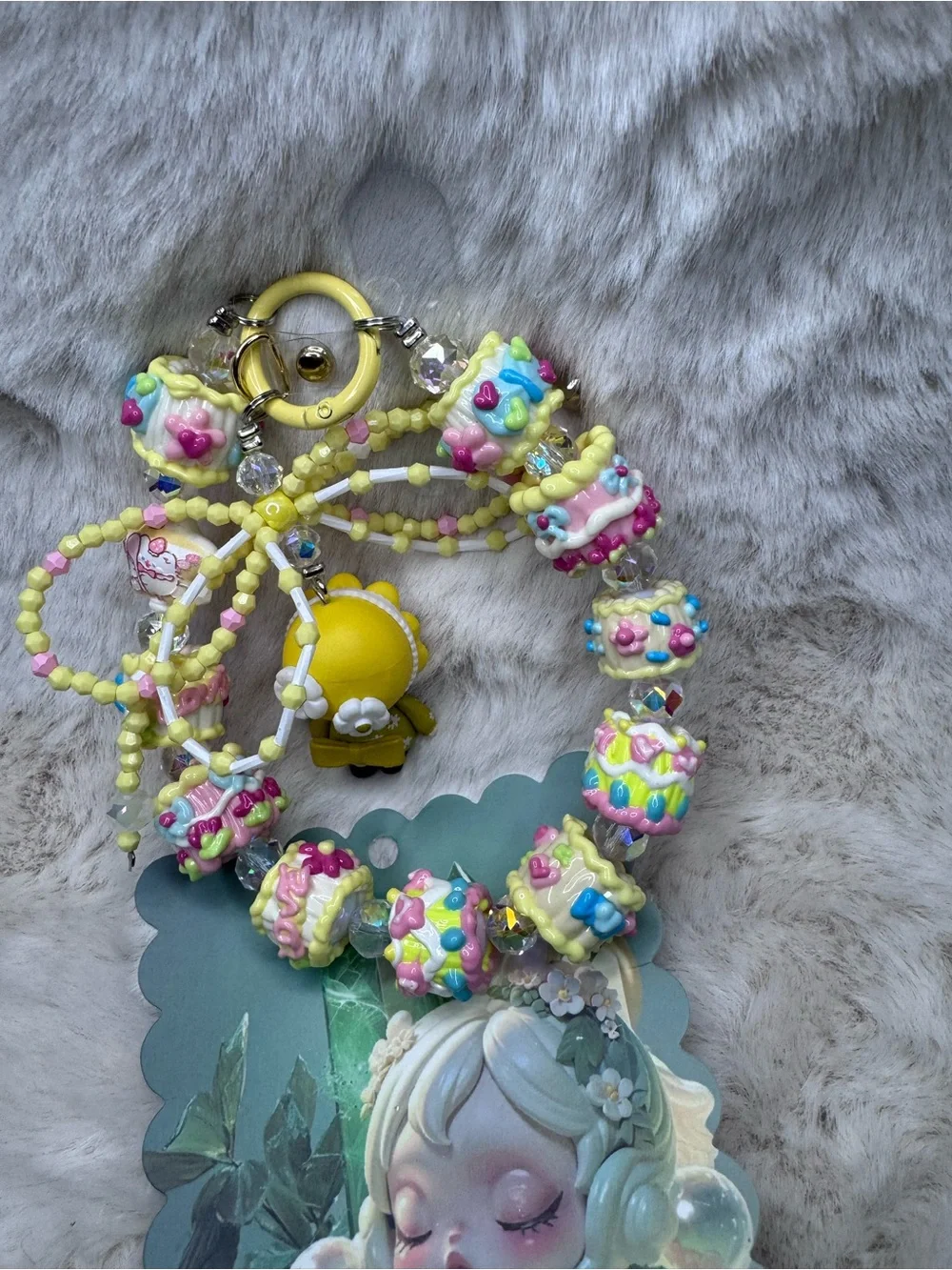 Kawaii Yellow Beaded Charm Bracelet with Doll Pendant
